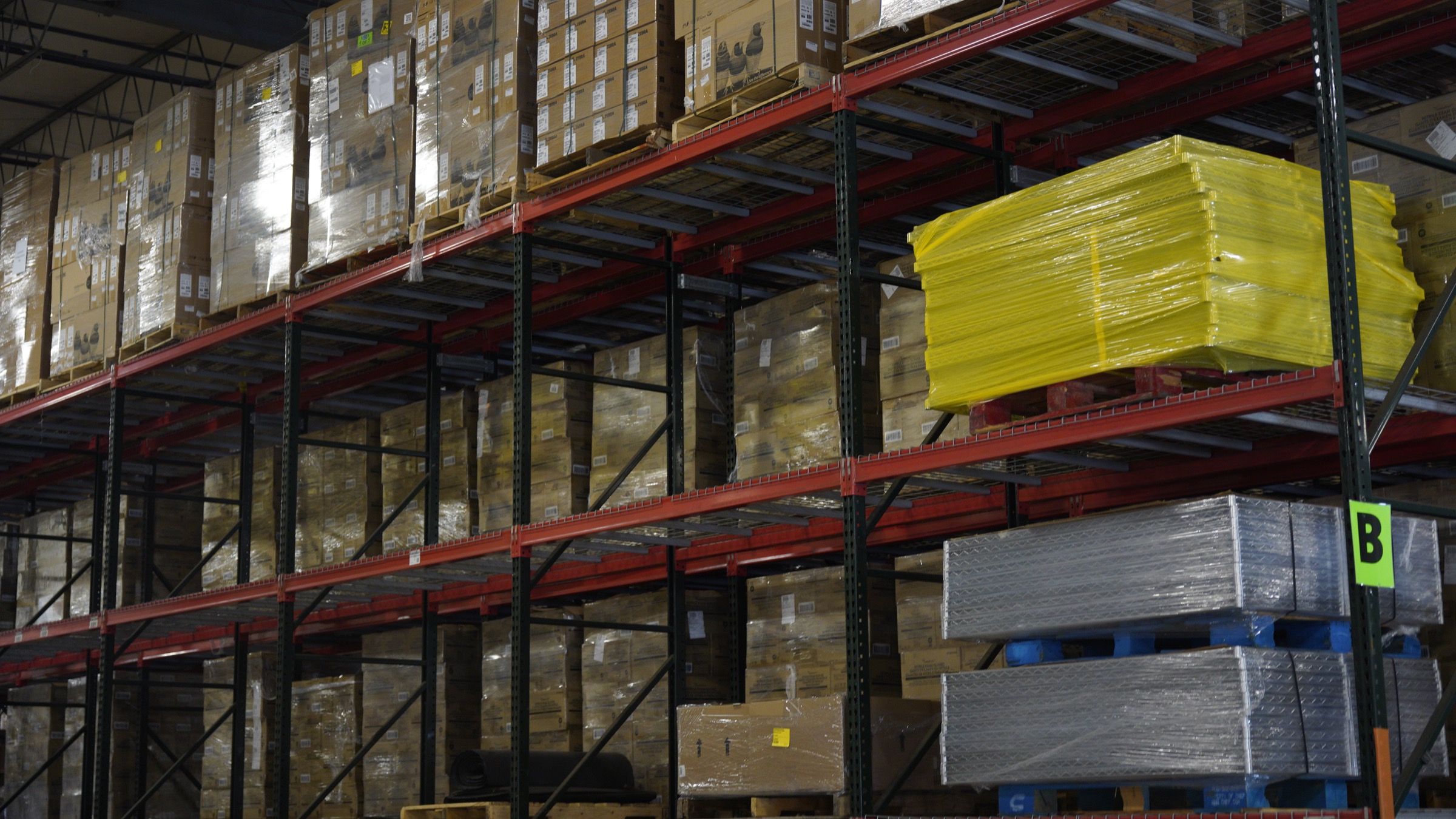 Usable medical supplies stored on warehouse shelves